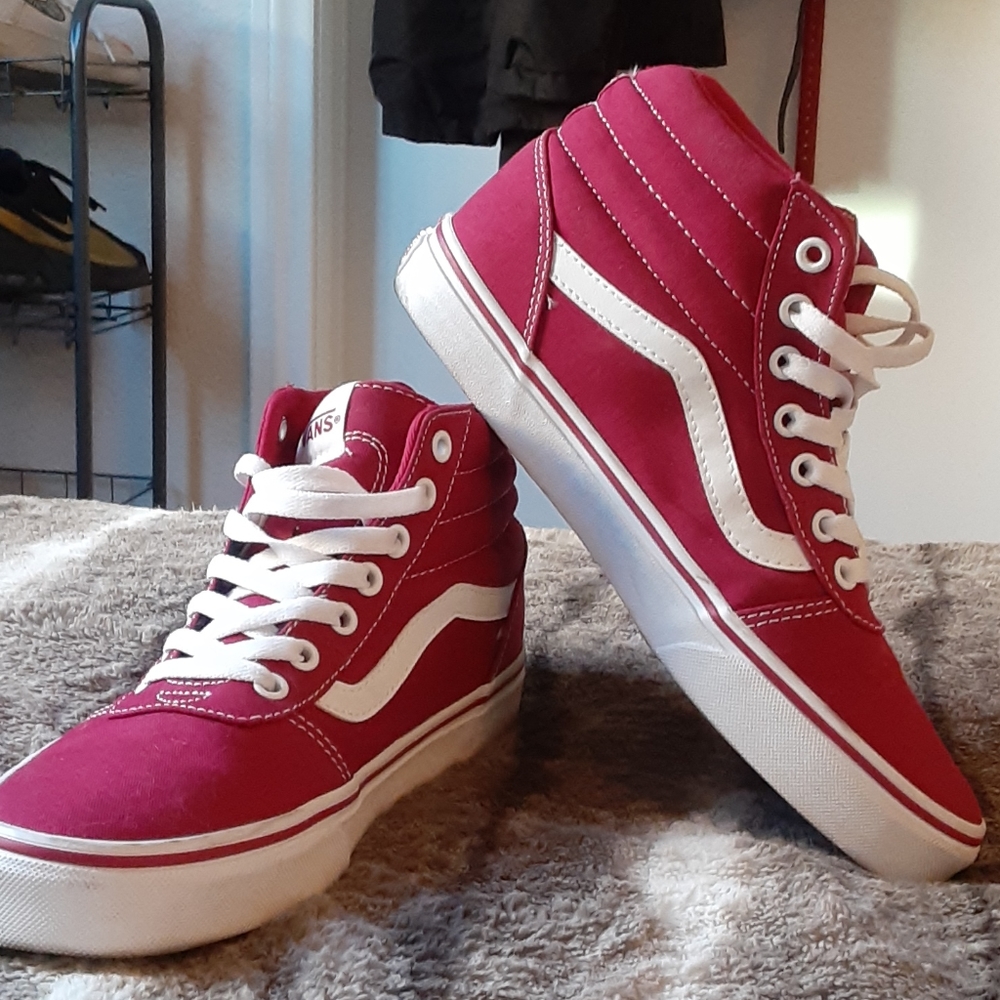 8.5 red pink Vans hi tops high tops